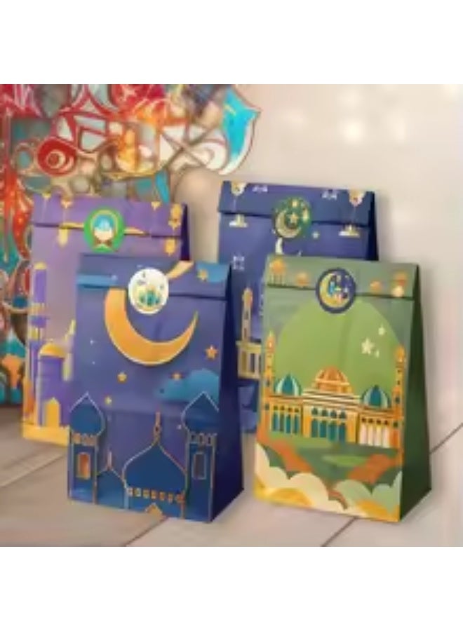 12PCS Ramadan & Eid Mubarak Gift Paper Bags with Stickers – 4 Assorted Islamic Designs Flat Bottom Party Favor Bags for Candy & Treats - Image 1